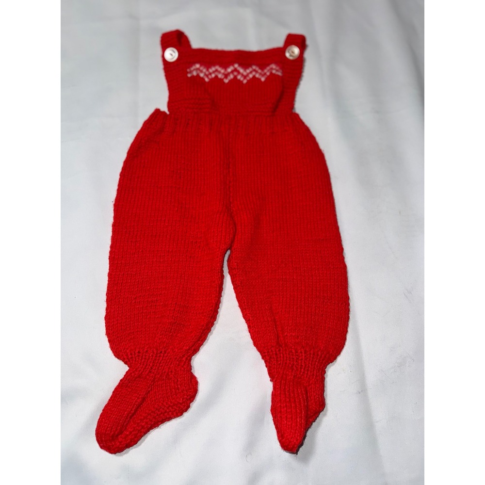 Vintage Hand Knit Baby Footed Overalls Red White Zigzag Bib Romper Sleeveless